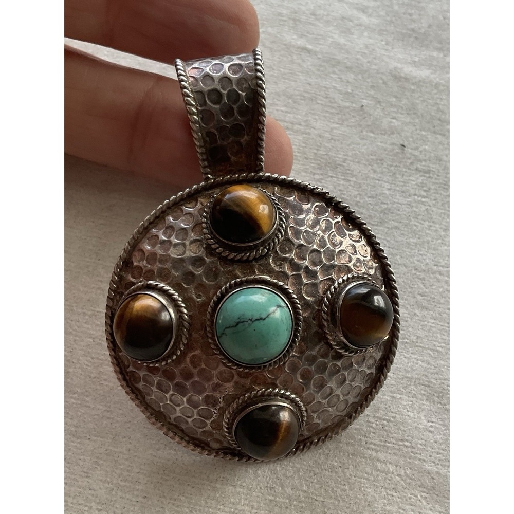 Vintage 925 Sterling Silver Large Round Pendant Turquoise $ Tiger Eye Stones